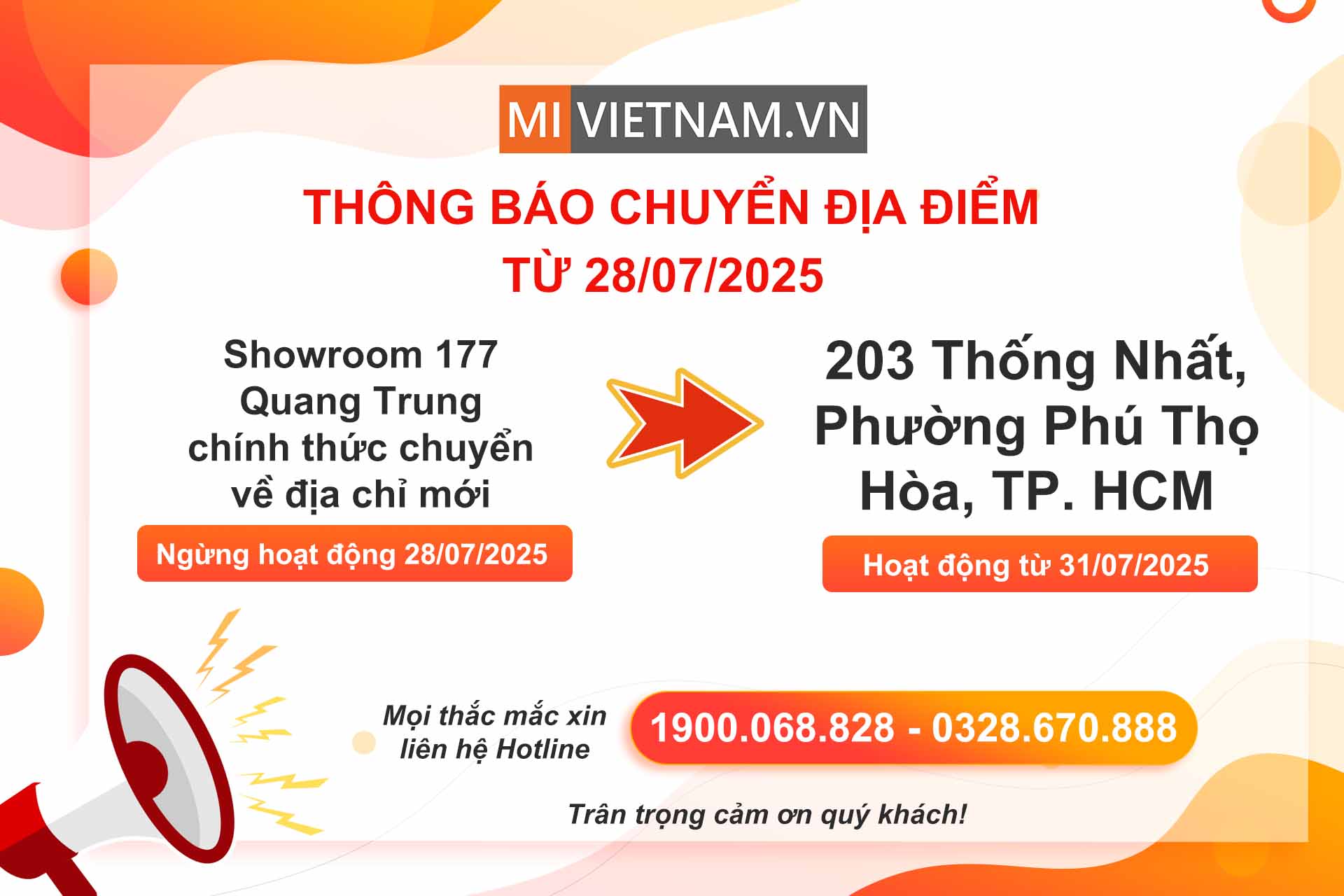THÔNG BÁO CHUYỂN ĐỊA ĐIỂM SHOWROOM 177 MI VIỆT NAM TẠI TP. HCM