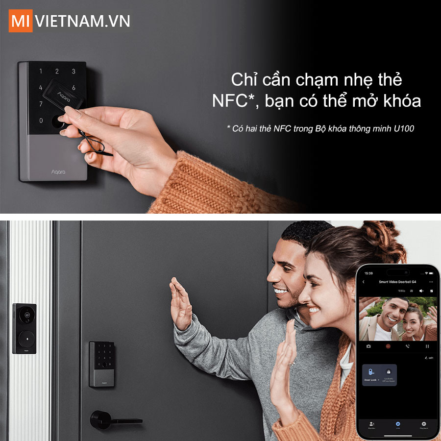 Mở kh&oacute;a nhanh ch&oacute;ng qua thẻ NFC hoặc qua chu&ocirc;ng cửa video