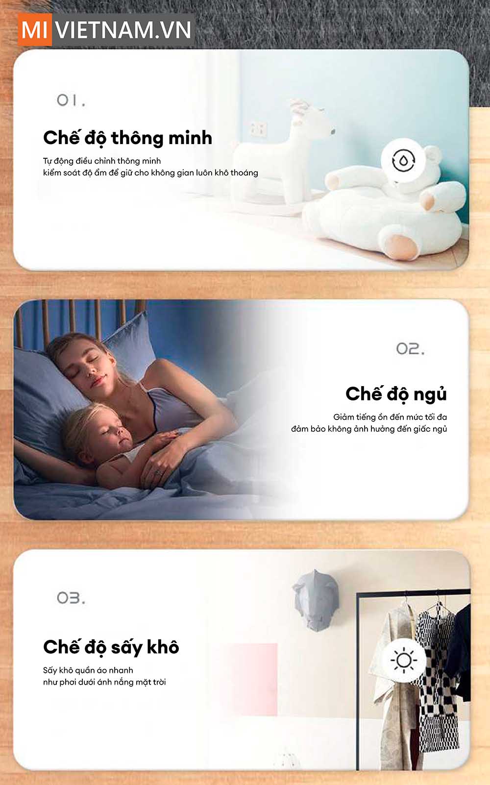 T&iacute;ch hợp 3 chế độ khử ẩm linh hoạt