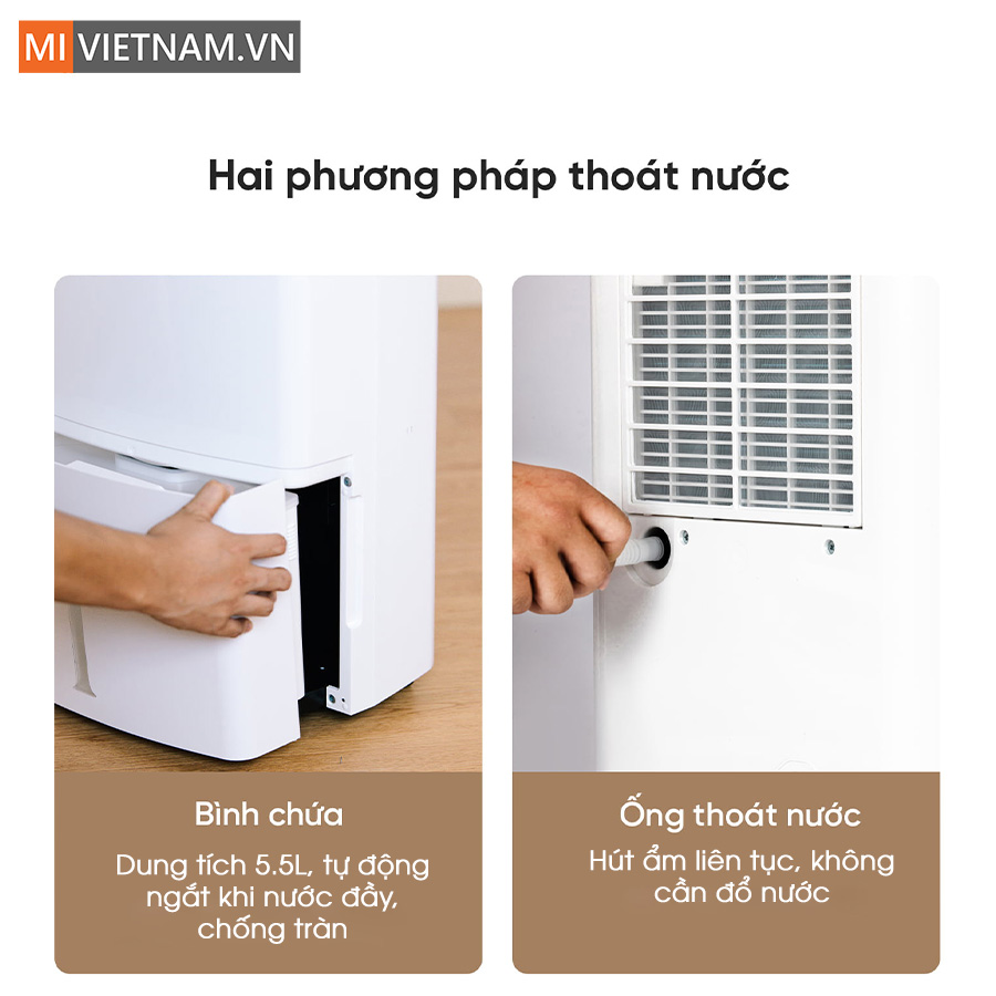 T&iacute;ch hợp b&igrave;nh chứa nước 5.5L v&agrave; ống tho&aacute;t nước tiện dụng