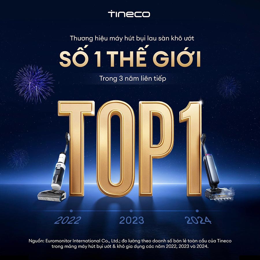 Tineco l&agrave; thương hiệu m&aacute;y h&uacute;t bụi lau s&agrave;n số 1 thế giới trong 3 năm li&ecirc;n tiếp