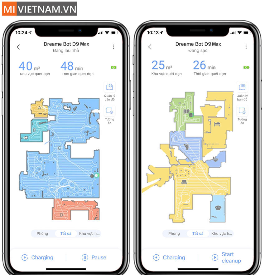 Dreame D9 Max tự động vẽ bản đồ thời gian thực