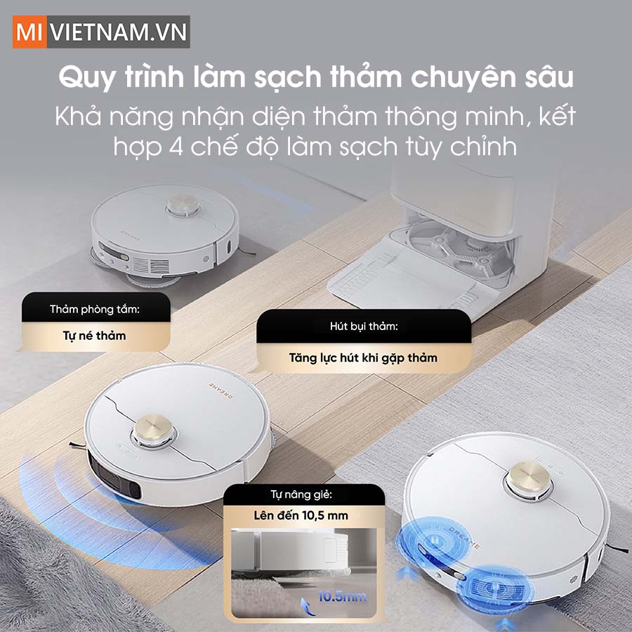 Khả năng nhận diện thảm v&agrave; l&agrave;m sạch th&ocirc;ng minh với 4 chế độ