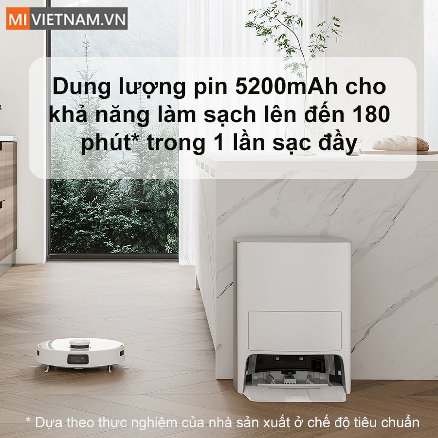 Ecovacs Deebot T10 Omni c&oacute; dung lượng pin 5200mAh cho khả năng l&agrave;m sạch l&ecirc;n đến 180 ph&uacute;t trong 1 lần sạc đầy