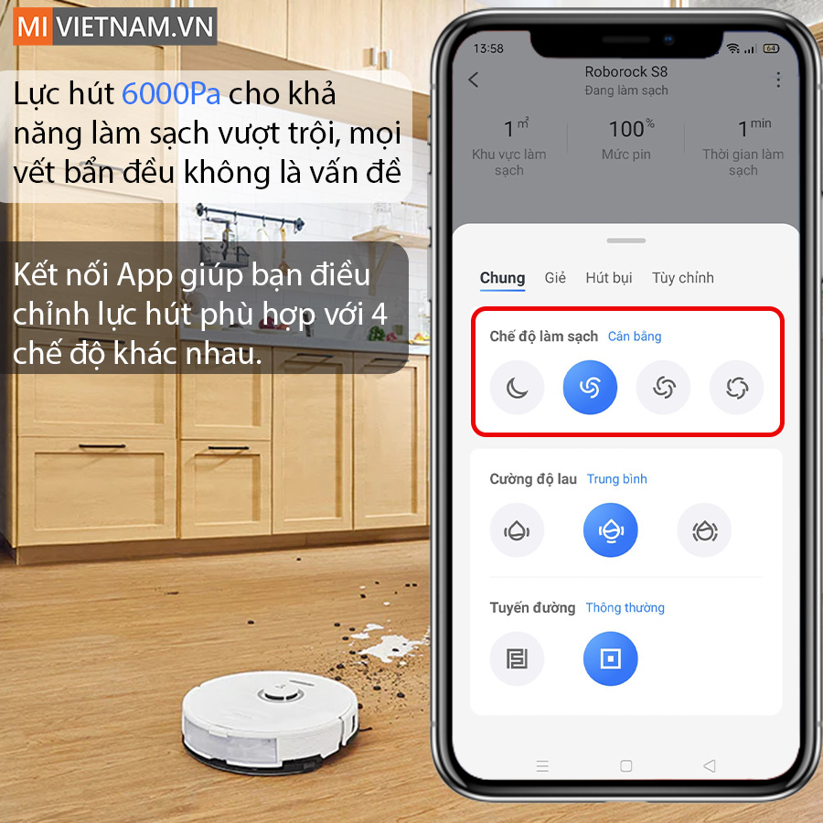 Roborock S8 trang bị lực h&uacute;t vượt trội 6000Pa